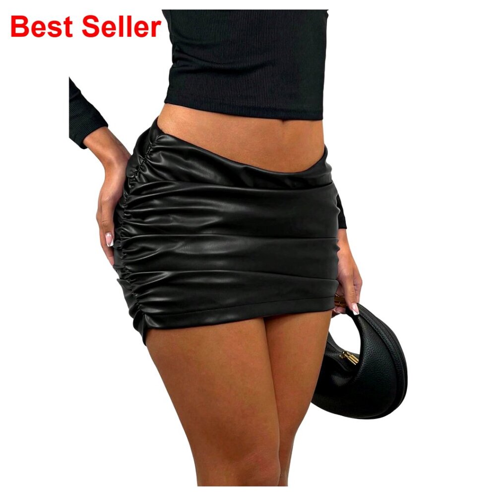 Low Waist Ruched Side PU Leather Mini Skirt with Shorts